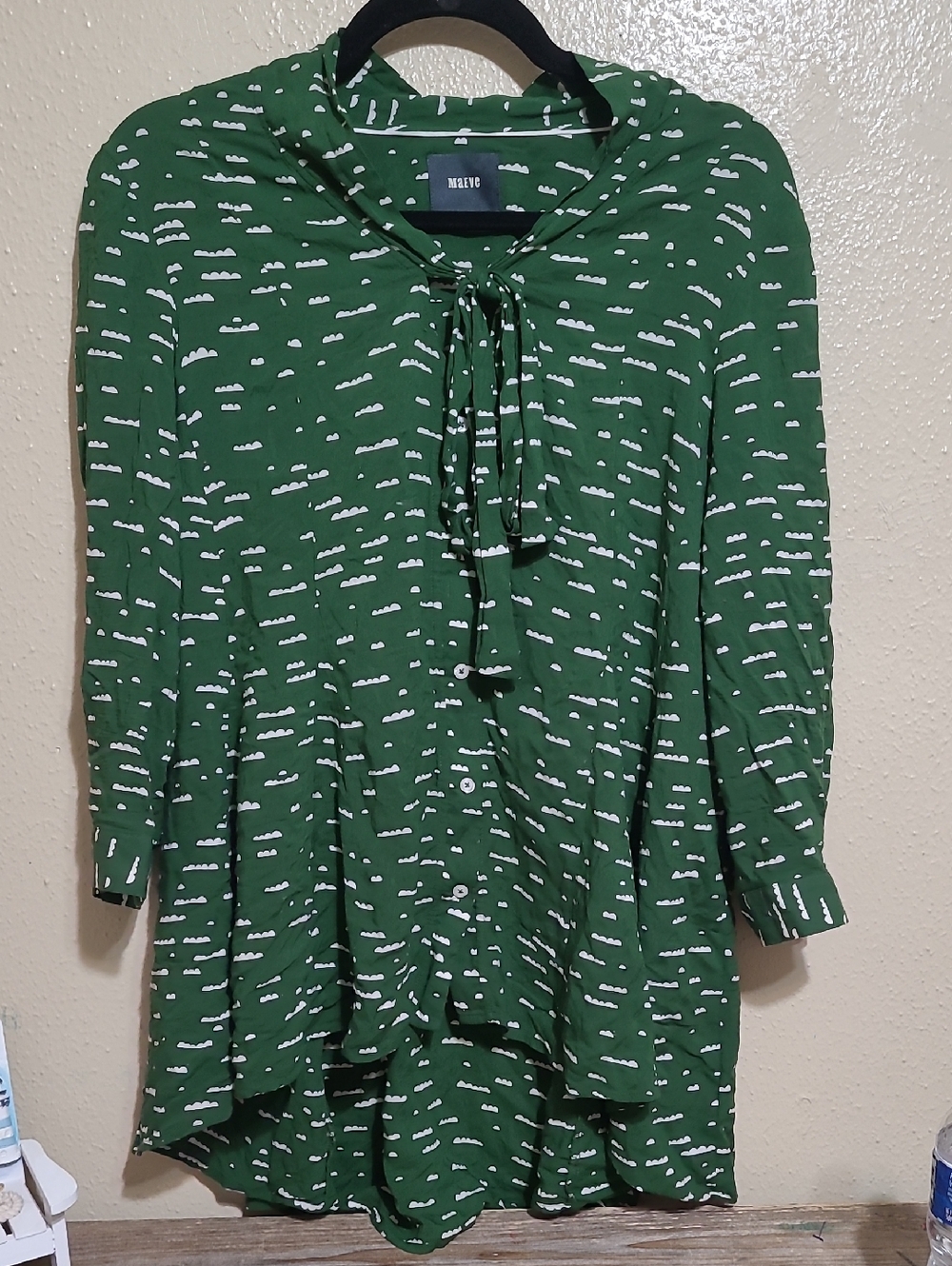 Anthropologie Maeve Forest Green Button-Front Tie-Neck Blouse with Cloud Print